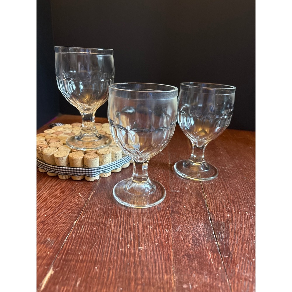 Vintage Hazel-Atlas Clear Glass Paneled Goblets Set 3 Footed Water Wine Stemmed
